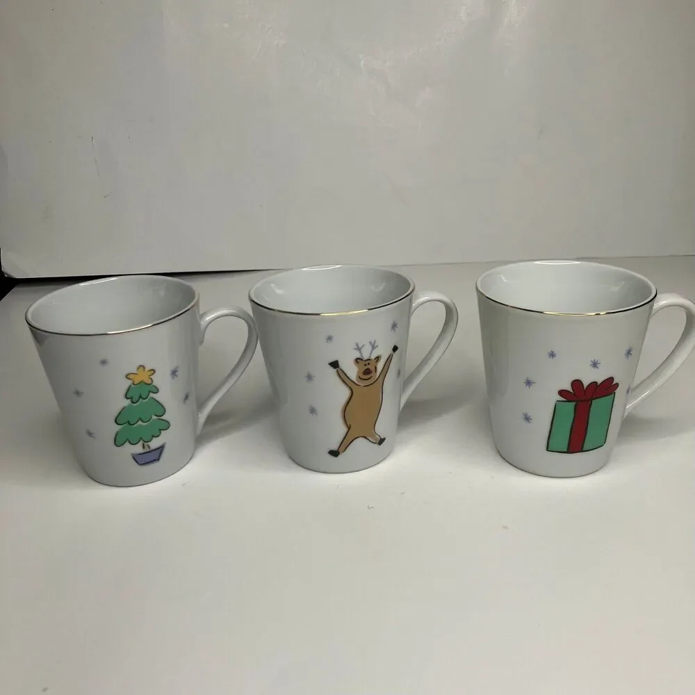 Merry Brite Merry Christmas Coffee Mugs Cups Set Of 3 Gold Rim Holiday Santa 8oz